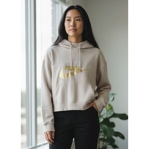 Nike Light Pink Cropped Hooded Sweatshirt Gold Silver Logo Pullover Womens Small